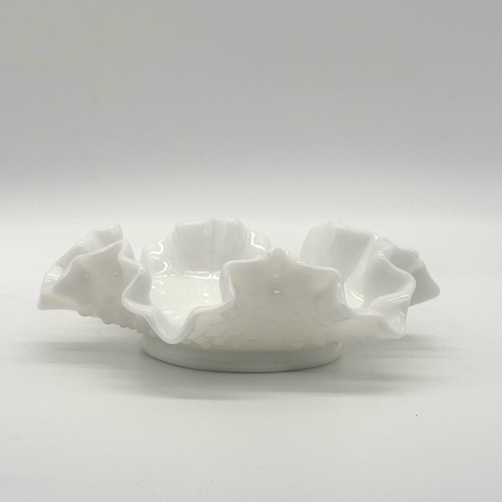 Fenton Milk Glass Hobnail Ruffled Crimped Dish Bowl